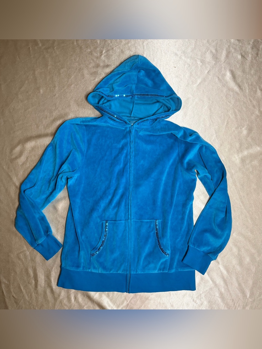 Vintage Total Girl Blue Velour Y2K Full Zip Hoodie Rhinestone  Girl Sz. 18.5+